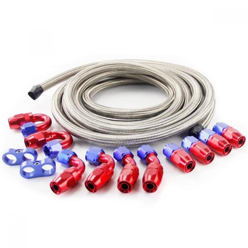 Universal 15ft AN-8 Silver Nylon Braided Hose with 10pcs Red & Blue Hose Ends and 2pcs Hose Separato