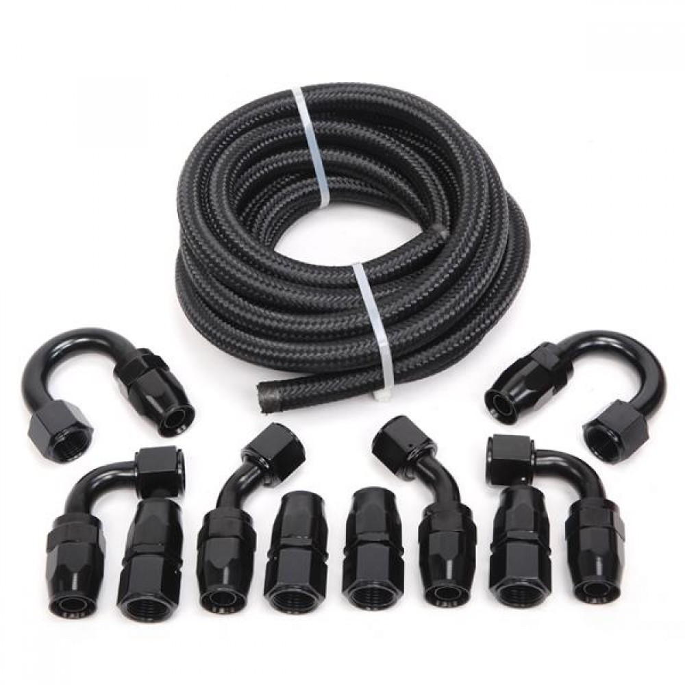 8AN 16-Foot Universal Black Fuel Pipe   10 Black Connectors
