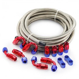 Universal 16ft AN-4 Silver Nylon Braided Hose with 10pcs Red & Blue Hose Ends and 2pcs Hose Separato